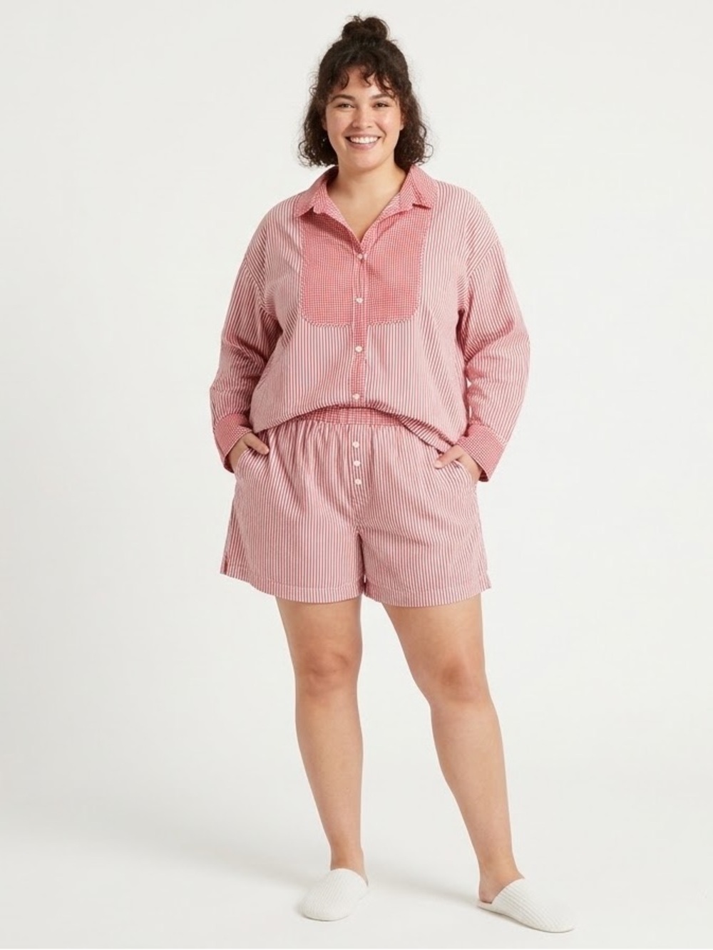J.Crew Cotton Poplin Pajama Set Red White Stripe Gingham Plaid Shorts Top Sz 3X